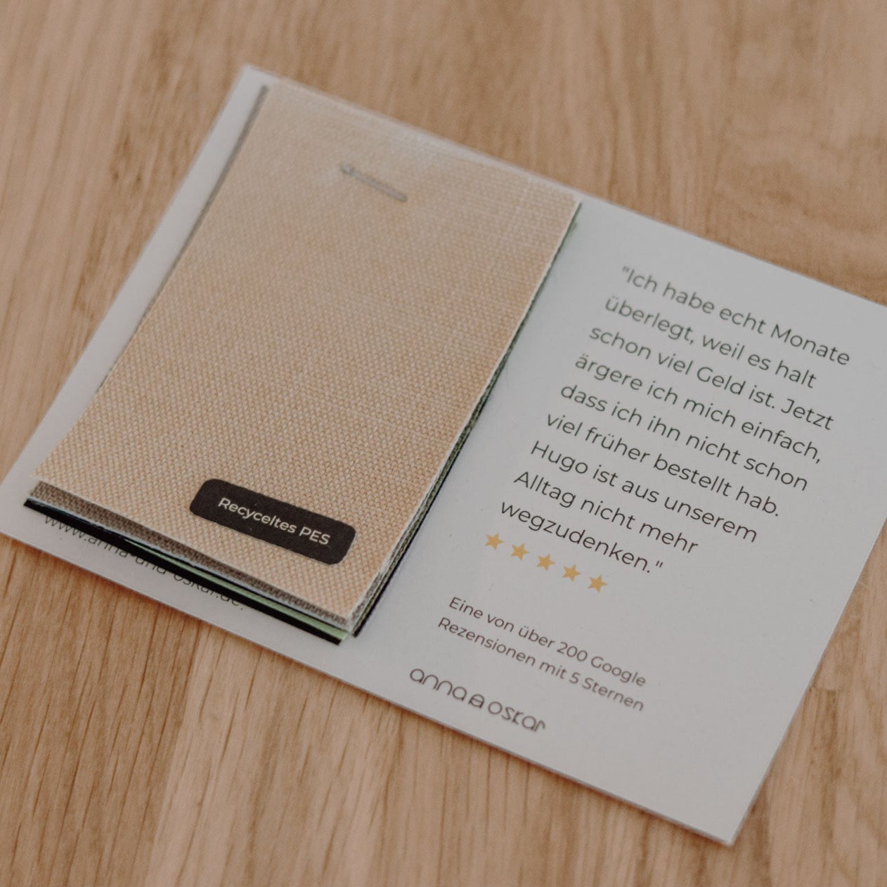 Musterkarten mit Stoffzuschnitten aus Cordura und Recycelten PES. Anna und Oskar